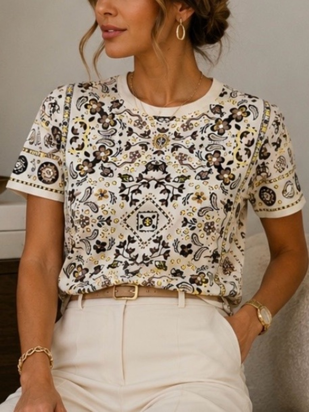 Tory Burch Pisces Cream Bandana-Print Short Sleeve Tee . M